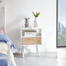 15.75" Rattan End table with drawer and solid wood legs, Modern nightstand, side table for living room, bedroom, white