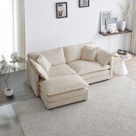 Chenille Two-Seater Sofa with 1 Footrest, 2 Seater L-Shaped Sectional with Ottoman,Loveseat with Ottoman for Small Living Space, Beige Chenille