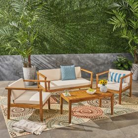 Outdoor 4-Seater Acacia Wood Chat Set with Coffee Table with Cushions, Teak and Beige