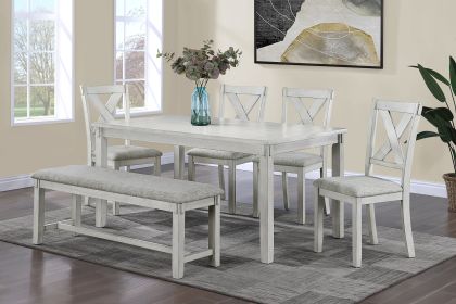 Rustic Farmhouse Transitional 6pc Dining Set Rectangular Table Linen Look Fabric Upholstered Chair Bench Seat Wooden Dining Room Furniture White/Gray