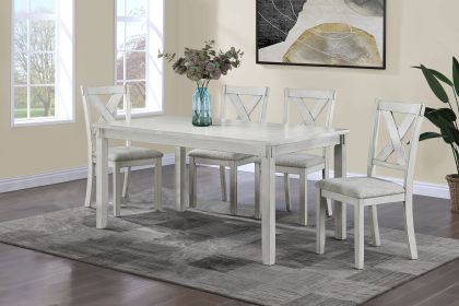 Rustic Farmhouse Transitional 5-Piece Dinette Dining Set Rectangular Table Linen Look Fabric Upholstered Chair Seat Wooden Dining Room Furniture White