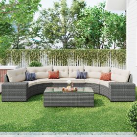 GO 8-pieces Outdoor Wicker Round Sofa Set, Half-Moon Sectional Sets All Weather, Curved Sofa Set With Rectangular Coffee Table