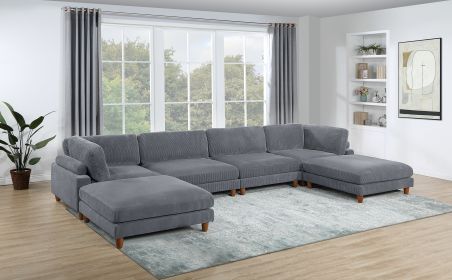 Contemporary Dark Gray 6pc Modular Sectional Set Corduroy Upholstery Couch 2x Corner wedge, 2x Armless Chairs 2x Ottomans Living Room