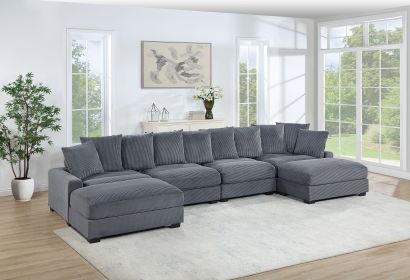 Contemporary Dark Gray 6pc Modular Sectional Set Corduroy Couch LAF & RAF Chairs 2x Armless Chairs 2x Ottomans Living Room Furniture