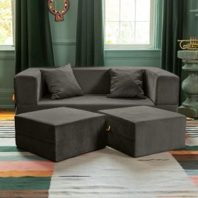 Jaxx Zipline Convertible Sleeper Loveseat & Ottomans, Textured Microvelvet - Charcoal