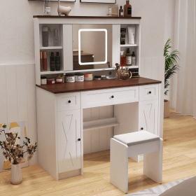 Farmhouse Vanity Desk with Sliding Mirror,Lights and Charging Station,Makeup Table Desk with Dimmable Led Light