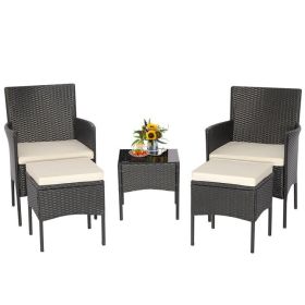 5 Pieces Outdoor Wicker Sofa Set with Coffee Table and 2 Ottomans