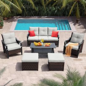 6 Pcs Outdoor Sectional Sofa With Reclining Backrest, Ottomans, Light Gray Cushions