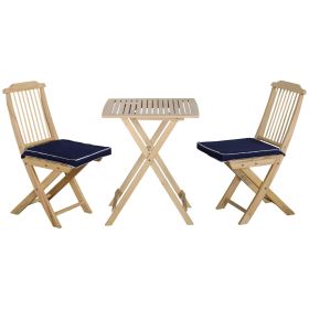 3 Pieces Patio Folding Bistro Set, Outdoor Pine Wood Table and Chairs Set with Tie-on Cushion & Square Coffee Table, Great for Indoor, Poolside