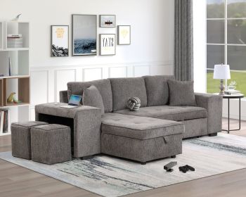 104.5" Modern L-Shape 3 Seat Reversible Sectional Couch, Pull Out Sleeper Sofa with Storage Chaise and 2 Stools for Living Room Furniture Set