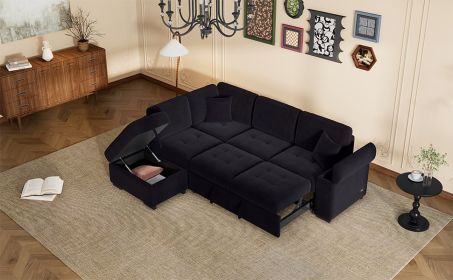 Sleeper Sectional Sofa, L-Shape Corner Couch Sofa-Bed with Storage Ottoman & Hidden Arm Storage & USB Charge for Living Room Apartment, Black