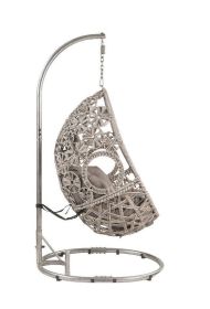 Sigar Patio Hanging Chair with Stand; Light Gray Fabric & Wicker