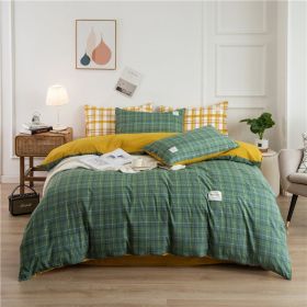 Simple Style Bedding 4 Piece Quilt Cover Sheet Pillowcase Cotton Spring Summer Autumn Winter Solid Two-color Student Dormitory (Color: dark green plaid, size: 200x230cm 4-piece)