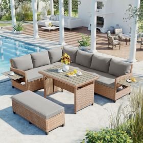 5-Piece Outdoor Patio Rattan Sofa Set; Sectional PE Wicker L-Shaped Garden Furniture Set with 2 Extendable Side Tables; Dining Table and Washable Cove (Color: brown)