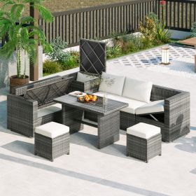 Outdoor 6-Piece All Weather PE Rattan Sofa Set; Garden Patio Wicker Sectional Furniture Set with Adjustable Seat; Storage Box; Removable Covers and Te (Color: Beige)