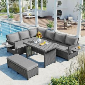 5-Piece Outdoor Patio Rattan Sofa Set; Sectional PE Wicker L-Shaped Garden Furniture Set with 2 Extendable Side Tables; Dining Table and Washable Cove (Color: gray)