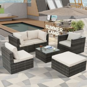 Patio Furniture, Outdoor Furniture, Seasonal PE Wicker Furniture, 6 Set Wicker Furniture With Tempered Glass Coffee Table (Color: as Pic)