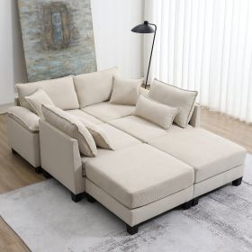 [VIDEO provided][New]Wide Seat Corduroy Modular Sectional Sofa Bed,Sleeper Couch Set with Armrest Pillow,6 Seat Free Combination Sofa with Ottomans (Color: as Pic)