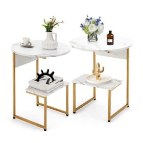 Living Room Bedroom Decor Mobile Sofa End Side Table 2 PCS (Color: White & Gold)