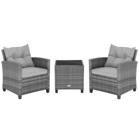 3 Pieces Outdoor Wicker Conversation Set with Tempered Glass Tabletop (Color: gray)