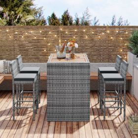 5-pieces Outdoor Patio Wicker Bar Set, Bar Height Chairs With Non-Slip Feet And Fixed Rope, Removable Cushion, Acacia Wood Table Top (Color: gray)