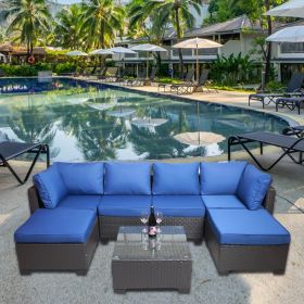 7 Pieces Outdoor Patio Sectional Sofa Couch, Silver Gray PE Wicker Furniture Conversation Sets with Washable Cushions & Glass Coffee Table for Garden (Color: brown)