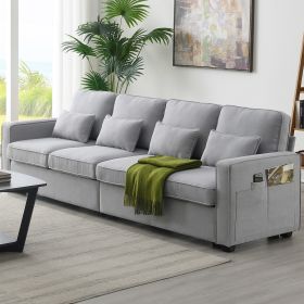 [VIDEO provided] [New] 104" 4-Seater Modern Linen Fabric Sofa with Armrest Pockets and 4 Pillows,Minimalist Style Couch for Living Room, Apartment (Color: as Pic)